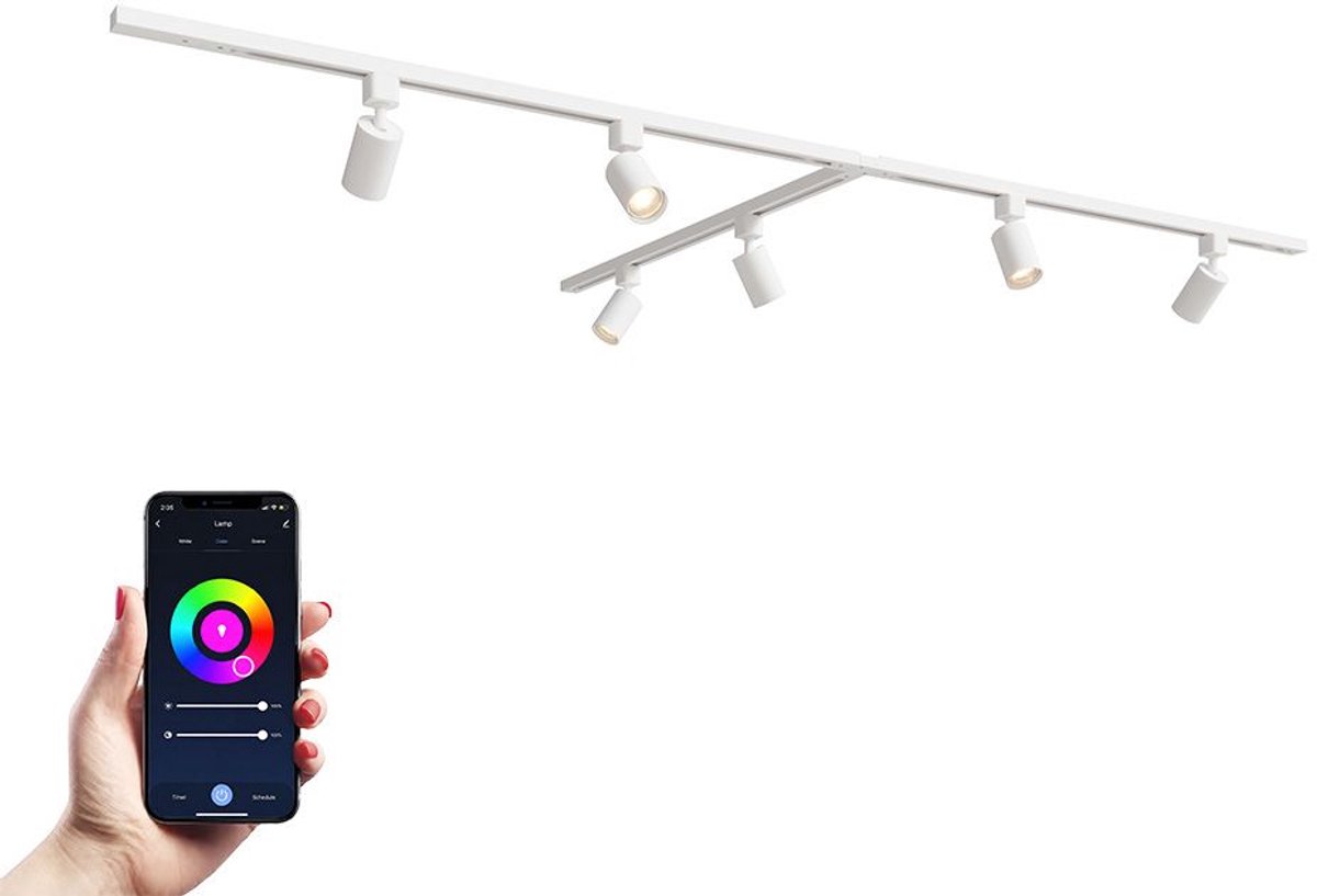HOFTRONIC railverlichting pakket T-vorm – 3x 1 meter rail – 6x RGBWW GU10 spots – dimbaar – aluminium wit – IP20 – modulair – 230V – led railsysteem woonkamer keuken