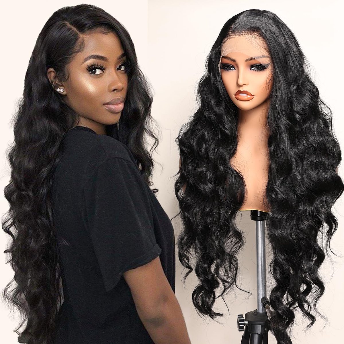 SOKU 32" 13 x 6 Lace Front Wig High Quality Synthetic Wavy Long Black Wig Pre Plucked with Baby Hair Wig For Natural - ShopVlot