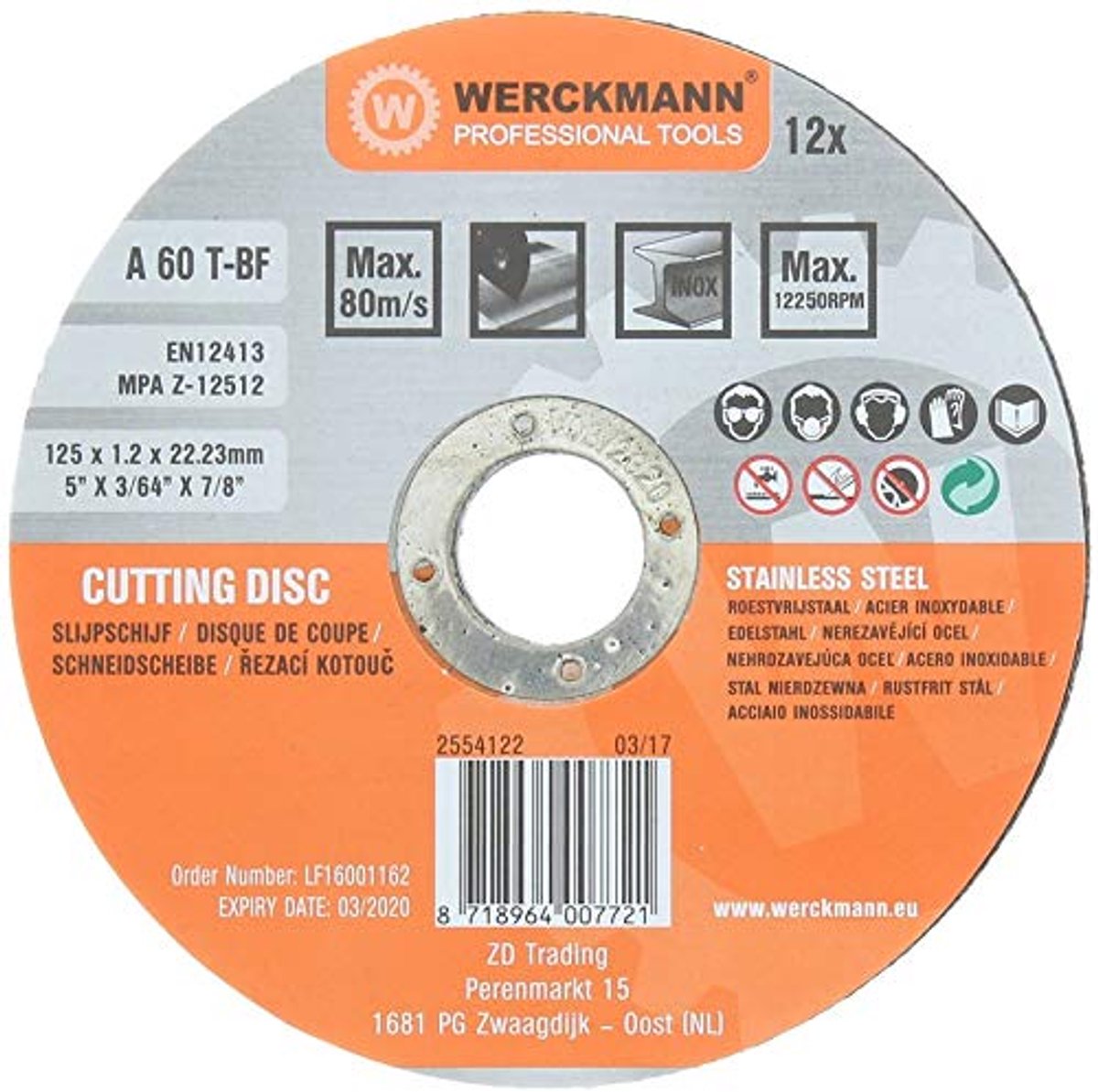 Set of 12 cutting discs – cutting metal, steel, stainless steel, diameter 125 mm x 1.2 mm x 22.23 mm, A60, 80 m/s - ShopVlot