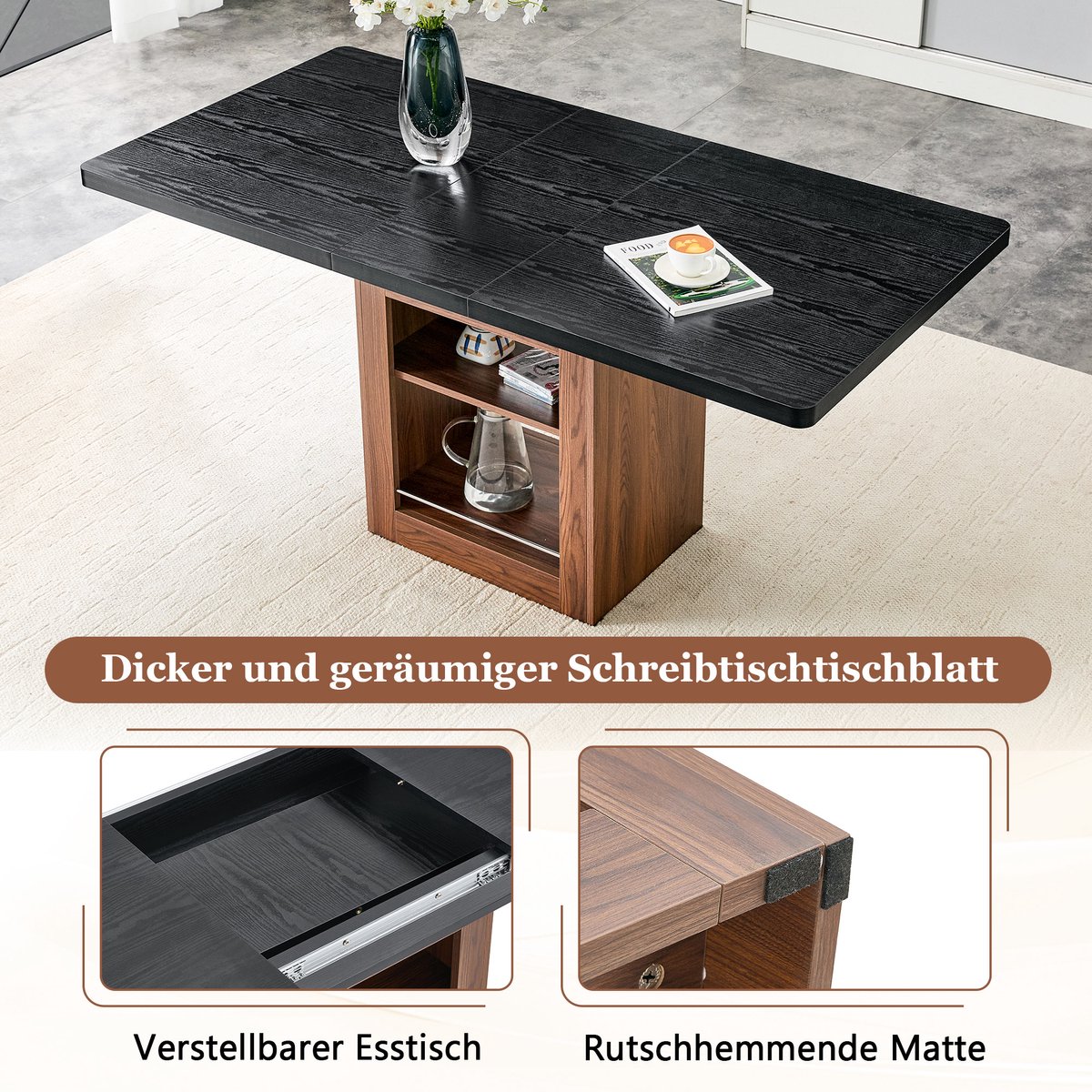 DESMIU Eettafel - Uitschuifbaar Met Open Opbergvak - Modern Voor Eetkamer En Woonruimte - MDF En Metaal - 160x80x75,5 Cm - Zwart