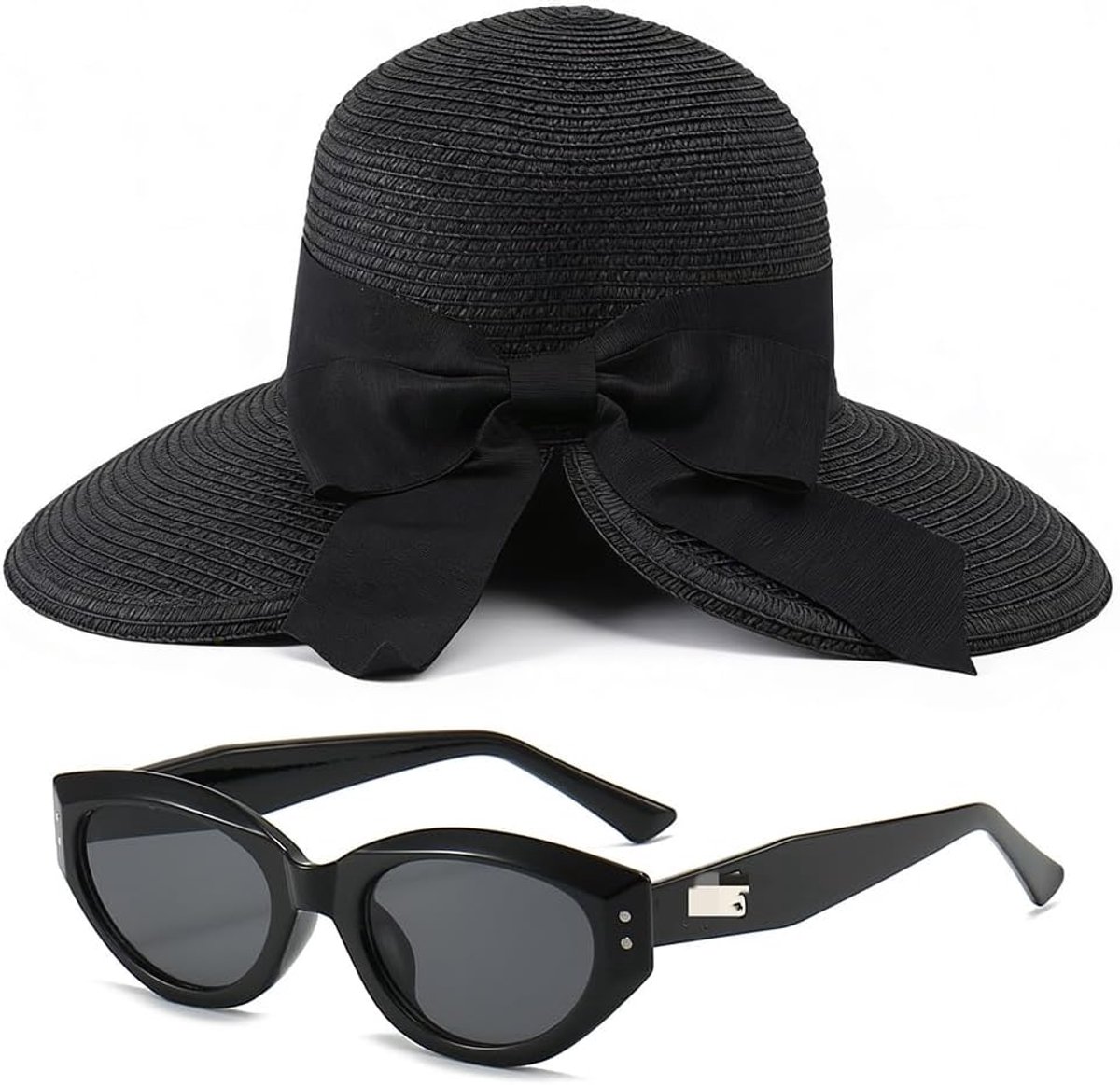 Set Strohoed en Zonnebril voor Vrouwen, JynxtoyZeal Opvouwbare Strandhoed met Brede Rand en Strik, UV400 Zonnebril - ShopVlot