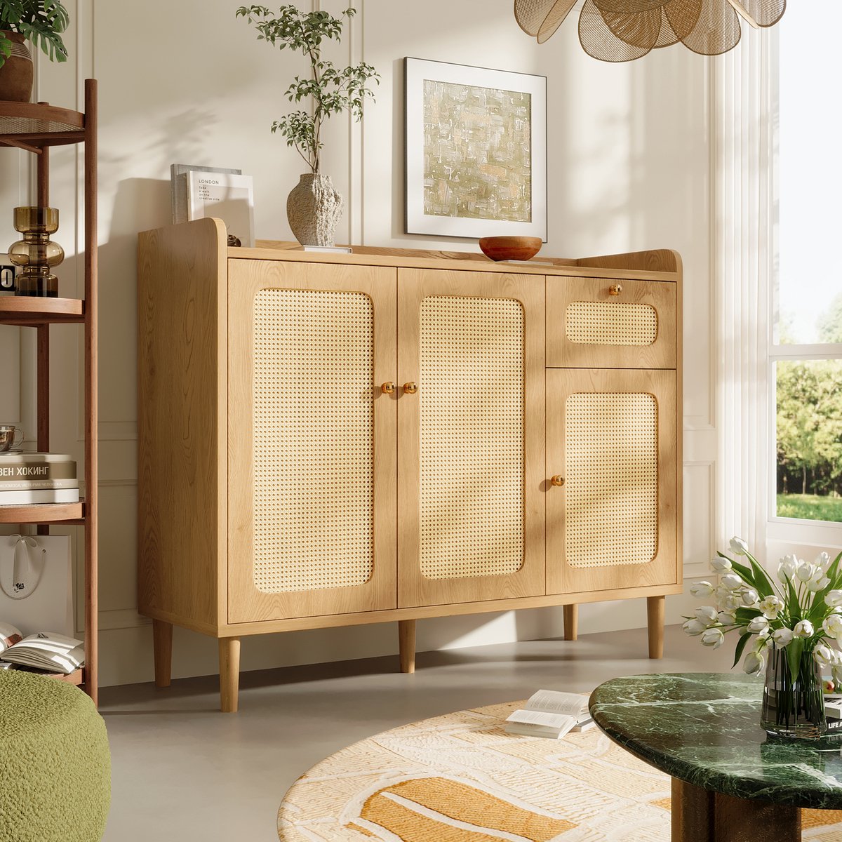 DESMIU Dressoir - Rotanfront Met 3 Deuren En 1 Lade - Voor Woonkamer Keuken En Hal - MDF - Eikenkleur - 120x40x91 Cm