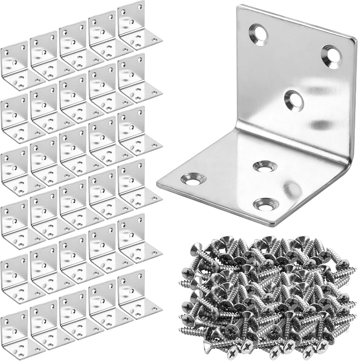 Set van 30 roestvrijstalen hoekjes, 50 x 50 x 1,5 mm, metalen hoeken en 180 schroeven, betrouwbare hoek voor houten - ShopVlot