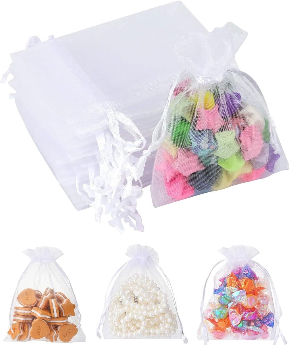 Organza Wedding Bags White 10 x 15 cm Pack of 50 with Drawstring for Sweets, Jewellery and Wedding Gifts. - ShopVlot