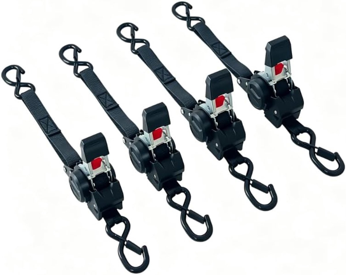 Intrekbare ratelriemen met 4 stuks, 3 m x 25 mm, 700 kg breukrek, met S-haak, voor verhuizing, kajak, aanhanger - ShopVlot
