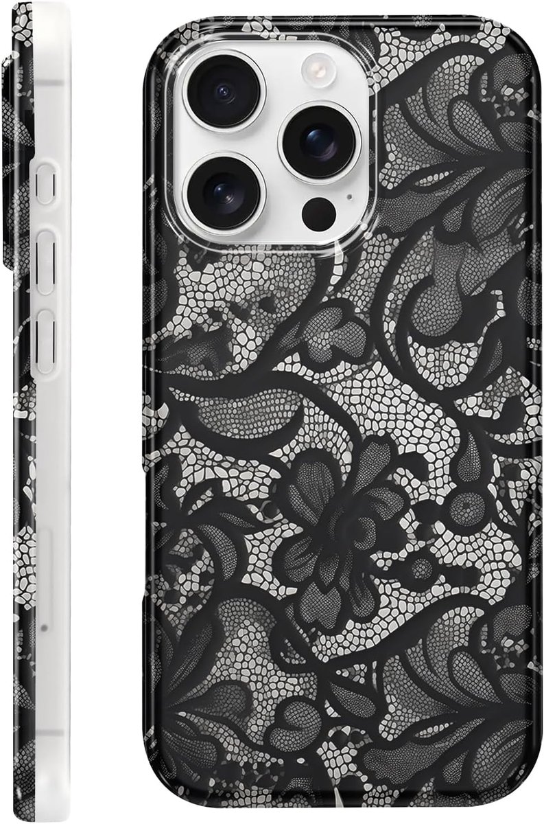 Saqmkil Aesthetic Beschermhoes voor iPhone 14 Pro 6,1 inch (15,5 cm), kant, bloemen, kant, zwart, tekening, design - ShopVlot