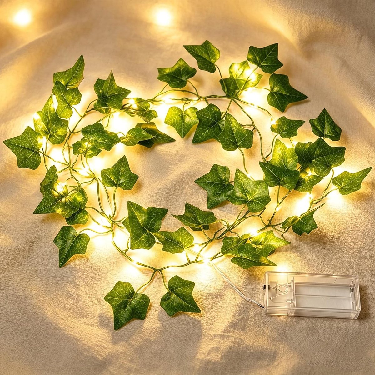 Decoratieve lichtketting met groene klimopbladeren, 2 m, 20 warmwitte leds, timerfunctie, werkt op batterijen, voor - ShopVlot