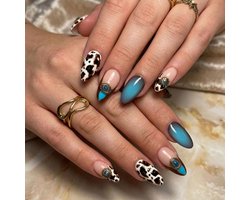 24 Pieces Press on Nails Almond Long Adhesive Nails with Cow Print Turquoise Design and French Look Shiny False Nails - ShopVlot