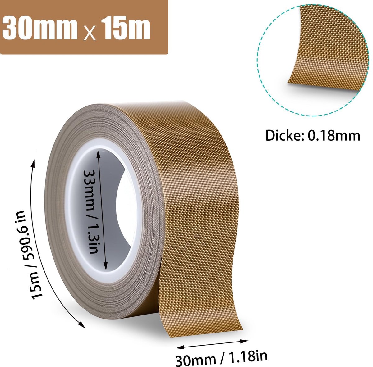 Ruytx Teflontape, zelfklevend, 0,18 x 30 mm x 15 m, Teflontape, PTFE-band, teflonband, hittebestendig, hoge - ShopVlot