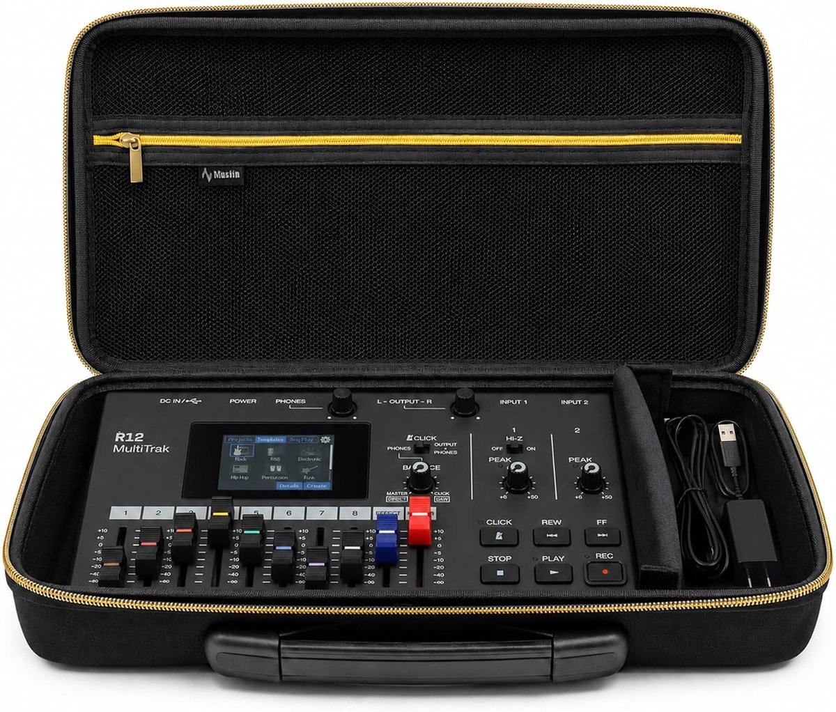 Musiin Tas voor audioapparaten, compatibel met Behringer RD-78, Zoom R12, goudkleurige ritssluiting, handvat - ShopVlot