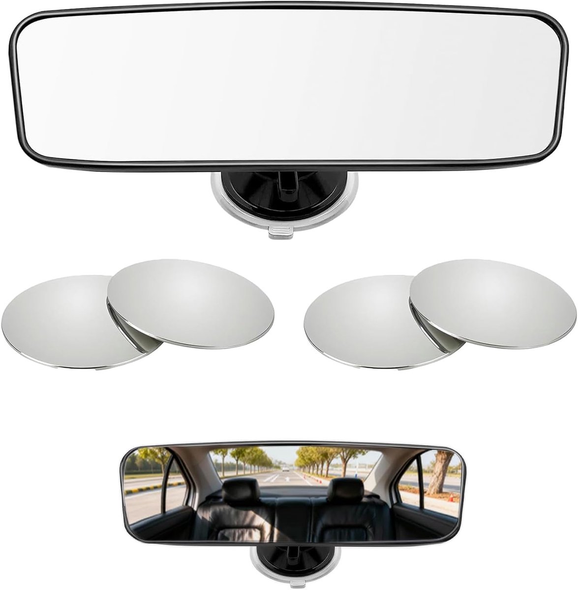 Car Rearview Mirror, 200 x 60 mm, Rear View Mirror Hanger with Strong Suction Cup and 4 Dead Corner Mirrors Car - ShopVlot