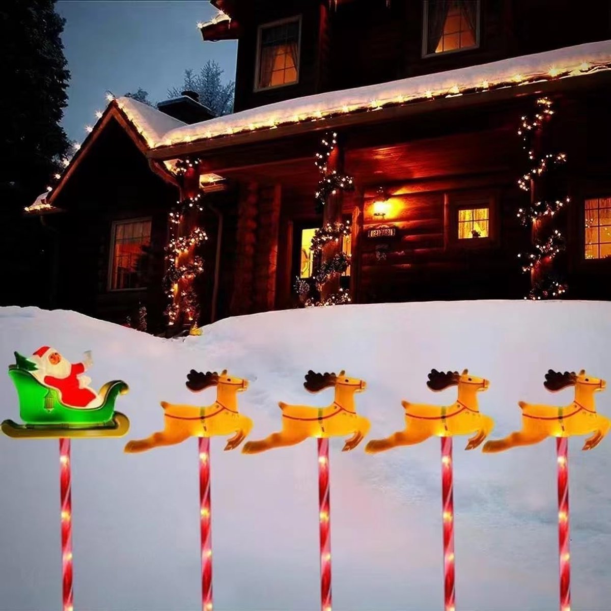 5 Pack LED Outdoor Solar Ground Inserted Santa Claus Sled Lights, Waterproof Solar Courtyard Decoration Christmas - ShopVlot