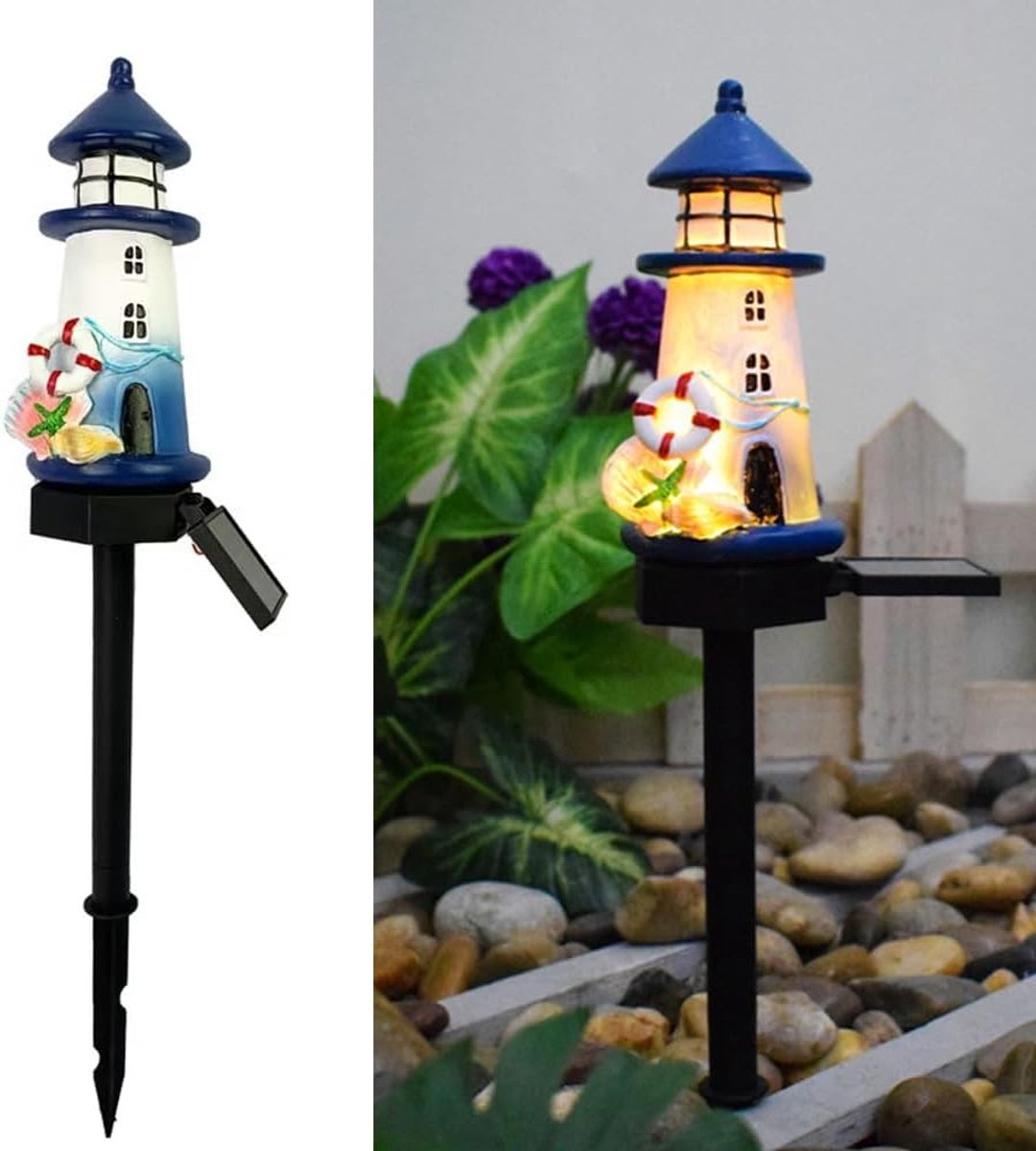 Solar blue and white lighthouse atmosphere lights, garden and courtyard decoration resin cute home floor lamp - ShopVlot