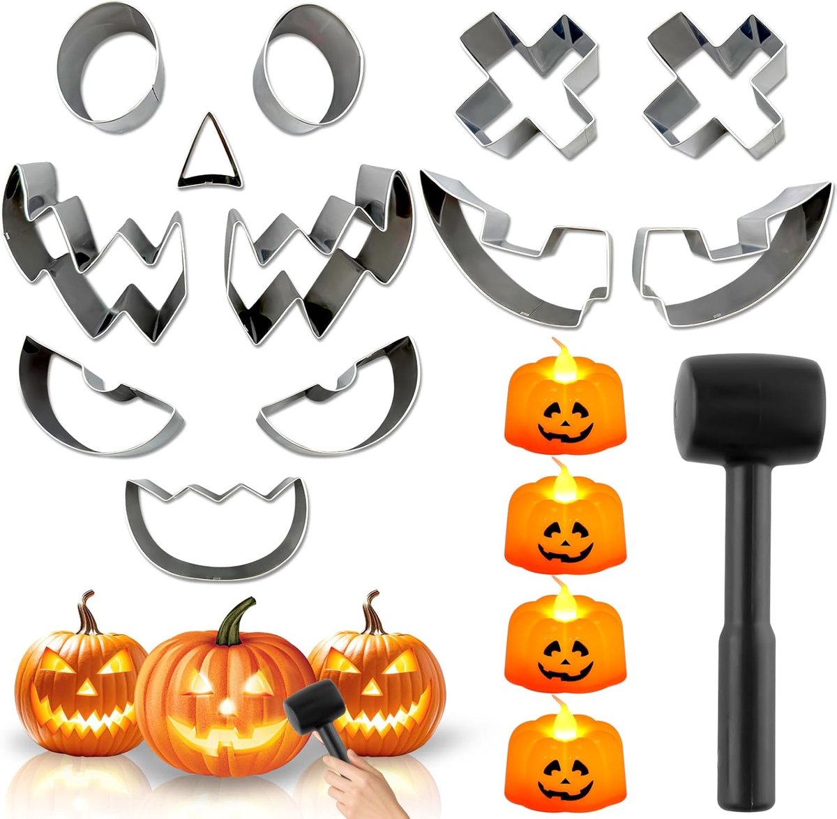 Pumpkin cutting set with stencils and tools for Halloween - 17-piece set with hammer, 12 stainless steel templates and - ShopVlot