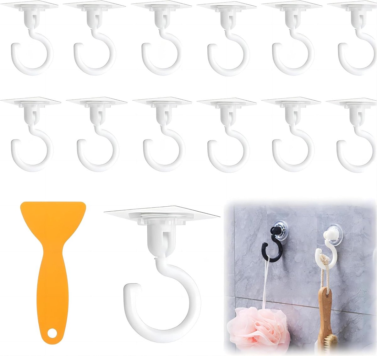 Pack of 12 360° Rotating Adhesive Hooks with 1 Scraper, Self-Adhesive Ceiling Hooks No Drilling, Maximum Load 3 kg - ShopVlot