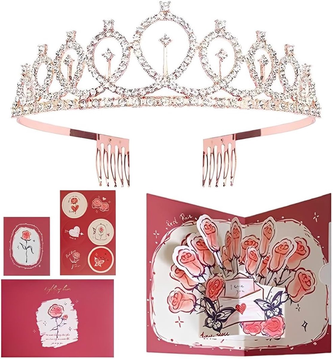 2 x prinsessentiara van legering, kroon en wenskaart, roségoud en rood, voor verjaardagsfeestjes van meisjes, linten - ShopVlot