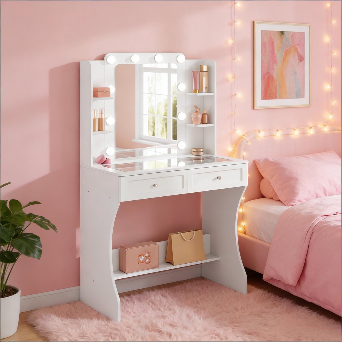 Kaptafel Met Spiegel En LED Verlichting - Make Up Tafel Met Glazen Blad En Opbergruimte - Bureau Met Laden - Wit