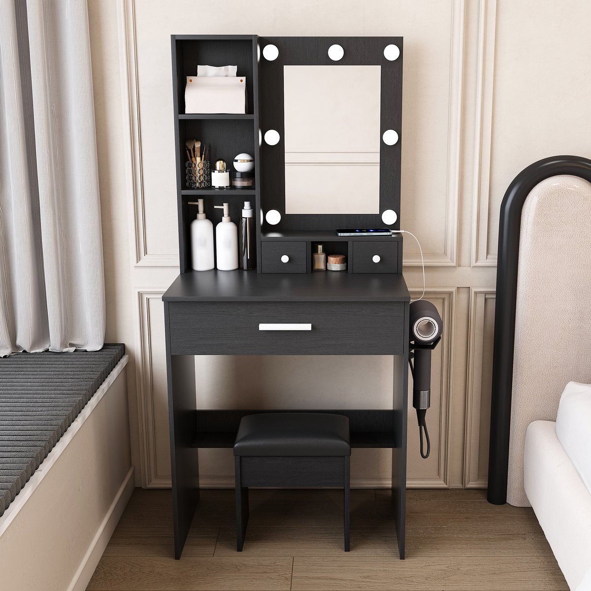 Make-up Tafel Set Met Spiegel En LED Verlichting - Inclusief Hocker En Opbergruimte - MDF Zwart