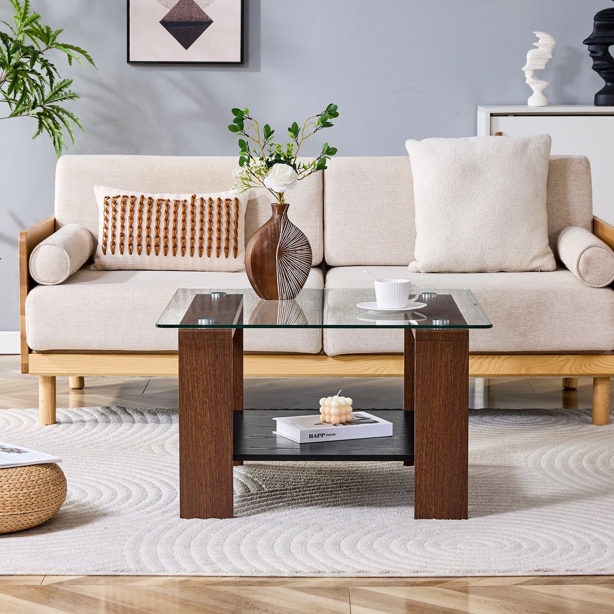 Salontafel 75x75x45,5 cm - Glazen Tafel Met Opbergruimte En Walnoot Poten Walnoot
