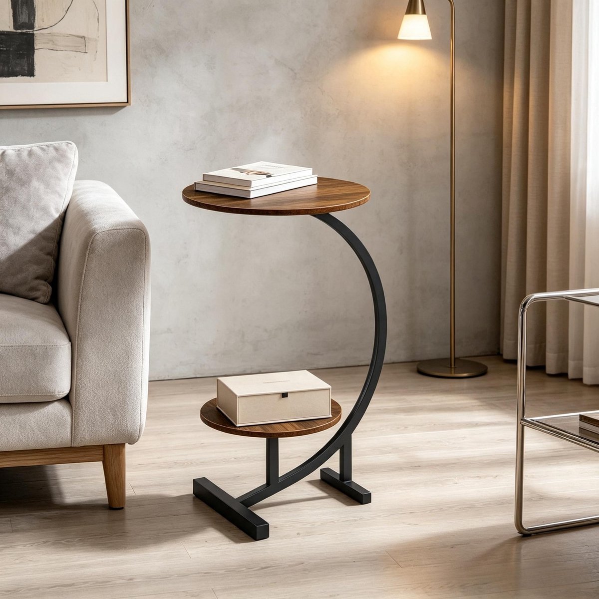 Bijzettafel 31x30x66 cm - Ronde Salontafel Met Dubbele Opbergplank En Metalen Frame Rustic Brown