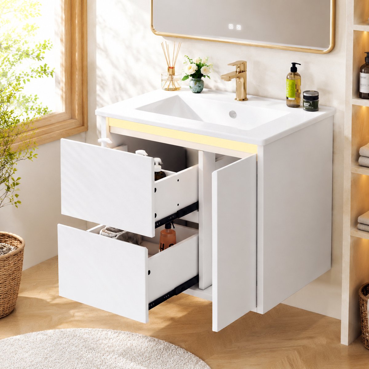 Wandgemonteerde Washtafel 61x46,5x57 cm - Badkamermeubel Met LED Sensor Verlichting Soft-Close Keramische Wastafel Wit