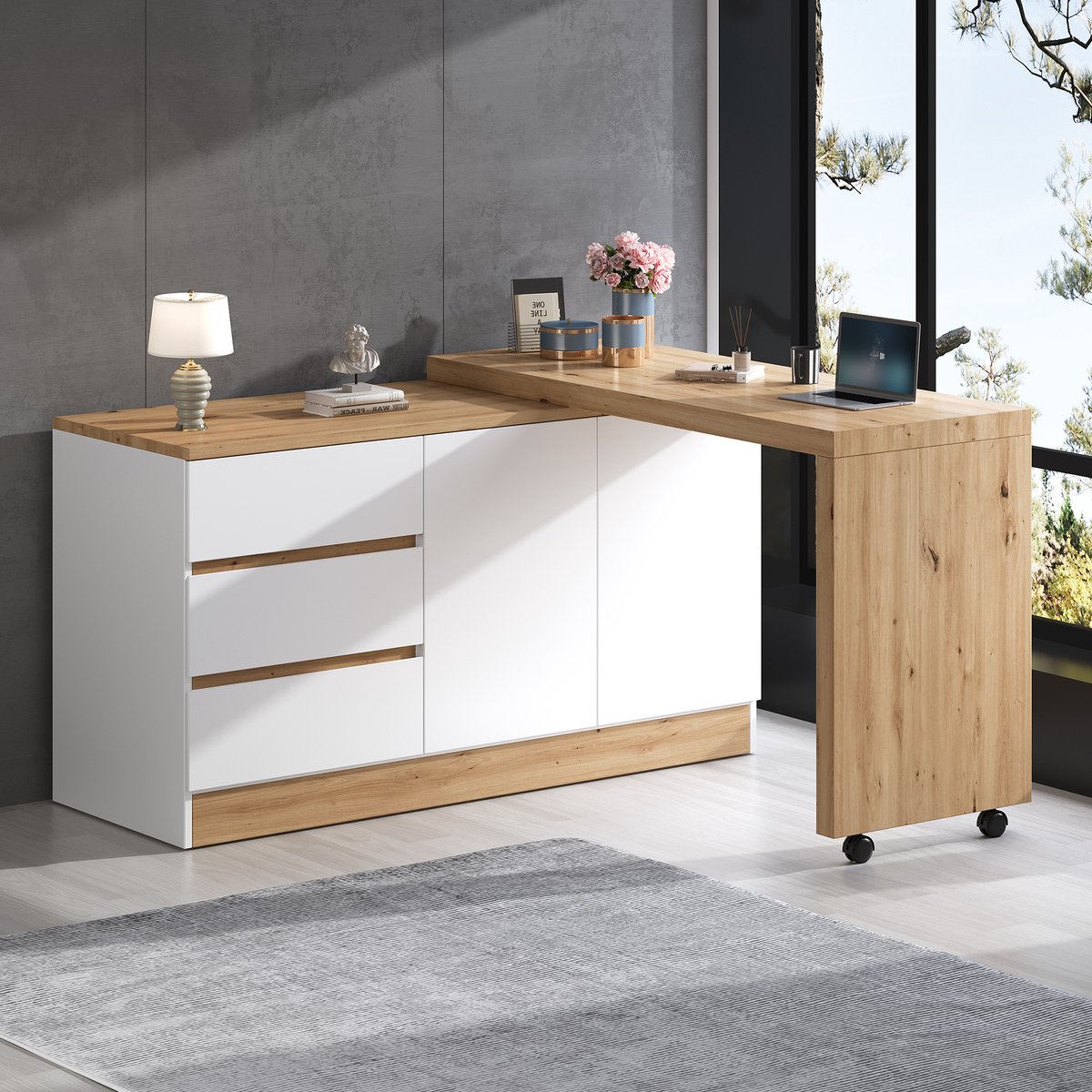 Draaibaar Bureau Wit Eiken - Opvouwbaar Hoekbureau Met Laden En Kast - Mobiel Thuiswerkbureau Met Wielen