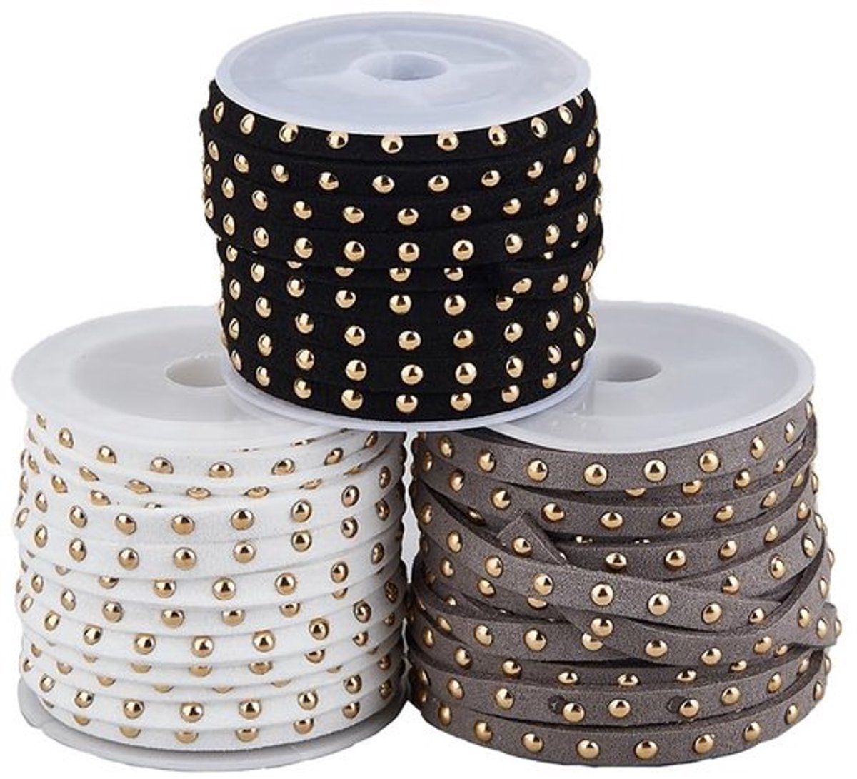 Faux Suede Koord 5mm - 3 Rollen - Gouden Klinknagels - Sieraden Maken - Macrame - Duurzaam Kunstleer - Sieradenkoord