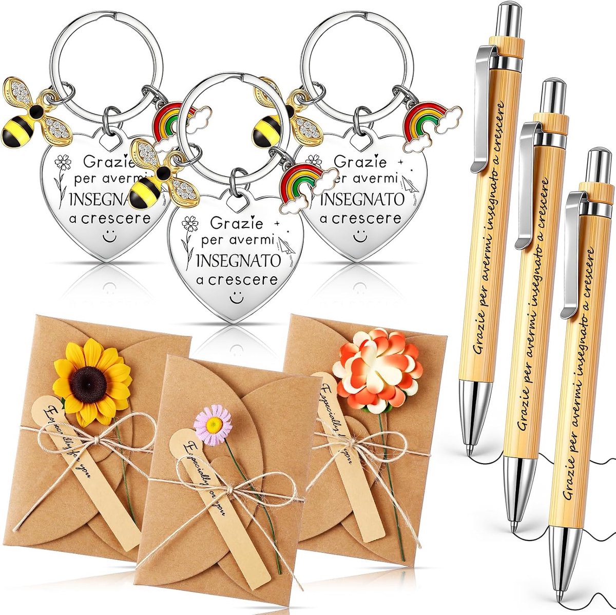 Cadeauset voor leraren - 3 Sleutelhangers - 3 Pennen - 3 Wenskaarten met Enveloppen - Bedankjes voor Leraren - ShopVlot