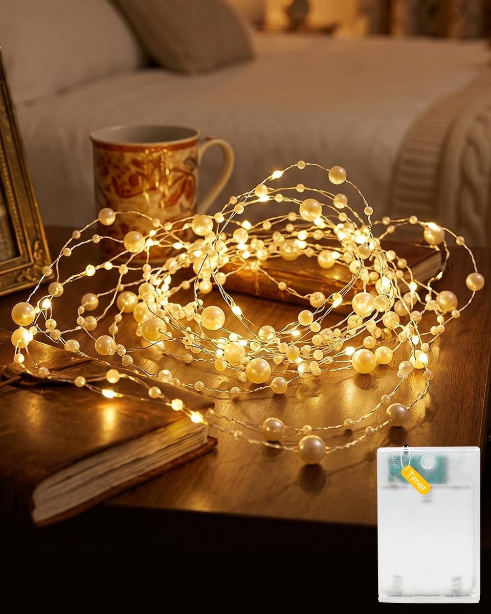 Lichtsnoer met parels, met timer, 5 m, 50 leds, werkt op batterijen, warm wit, led-parellichtketting voor bruiloft - ShopVlot