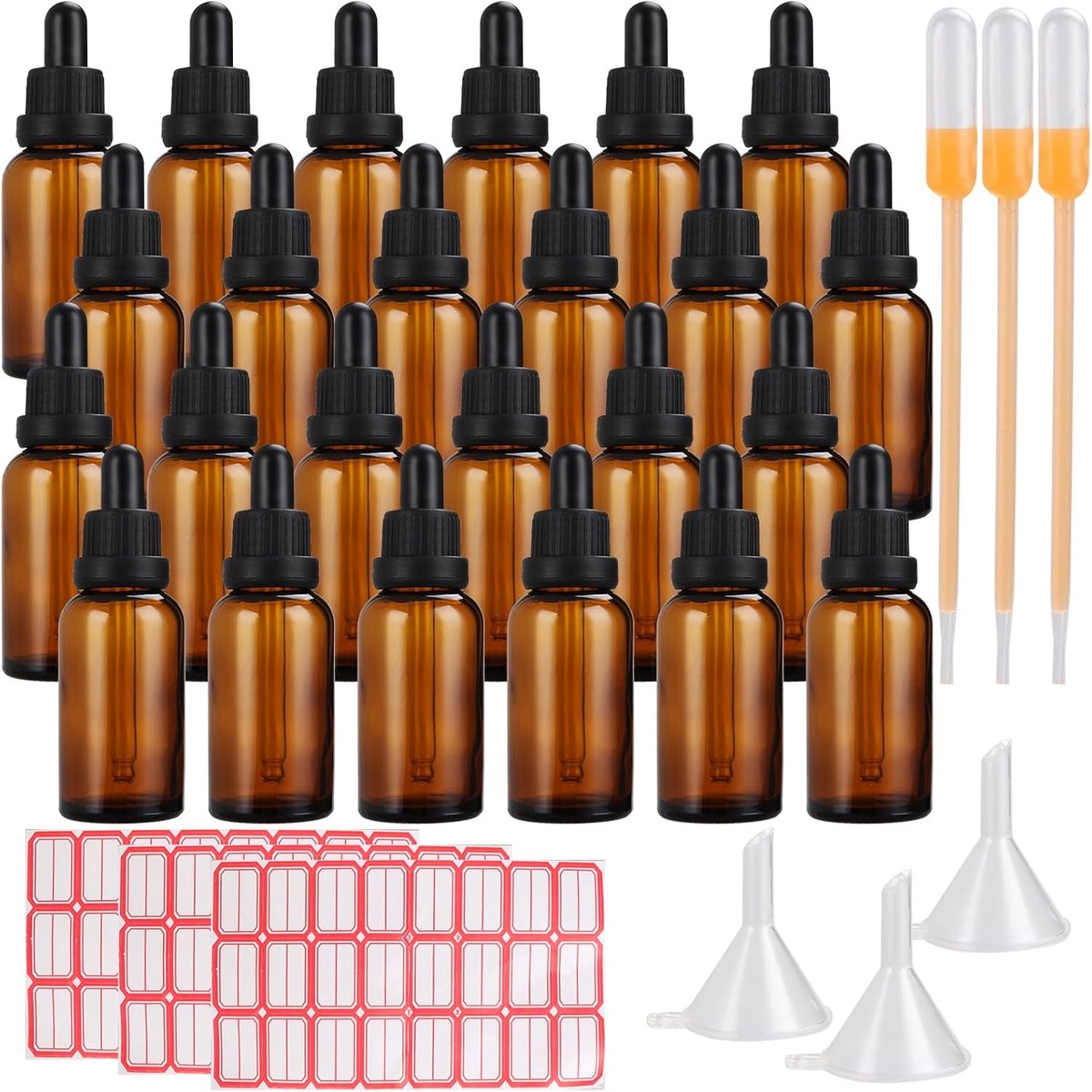 24pcs 30ml Pipette Bottles Pharmacy Bottle with Glass Pipette Plastic Pipettes Funnel and Stickers Brown Essential Oil - ShopVlot