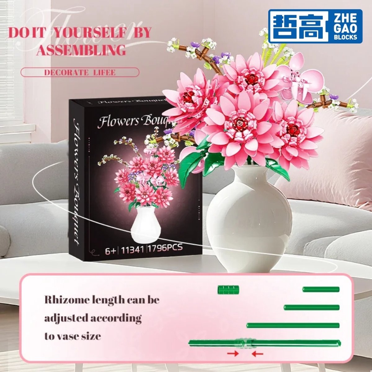 Zhe Gao 11341 Dahlia bloemen bouwset | Botanical Flowers Collection modelbouw | Classic Creator STEM speelgoed bouwpakket voor volwassenen en kinderen | Educatief decoratie Kunstbloemen boeket niet geschikt voor Lego | bouwdoos met 1796 bouwstenen — afbeelding 11
