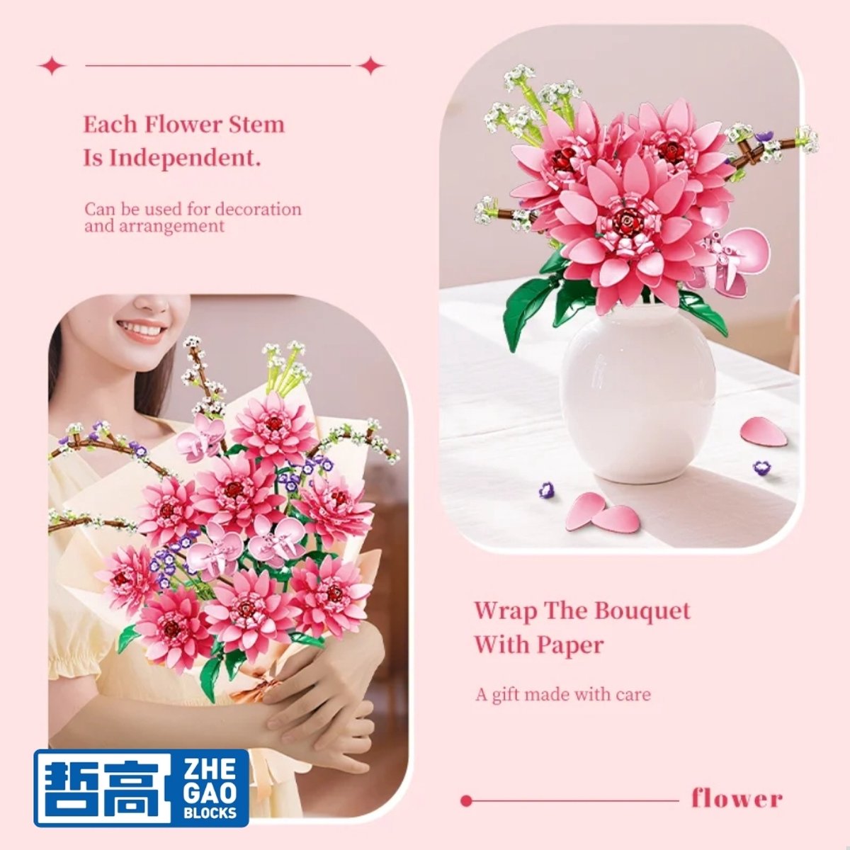 Zhe Gao 11341 Dahlia bloemen bouwset | Botanical Flowers Collection modelbouw | Classic Creator STEM speelgoed bouwpakket voor volwassenen en kinderen | Educatief decoratie Kunstbloemen boeket niet geschikt voor Lego | bouwdoos met 1796 bouwstenen — afbeelding 5