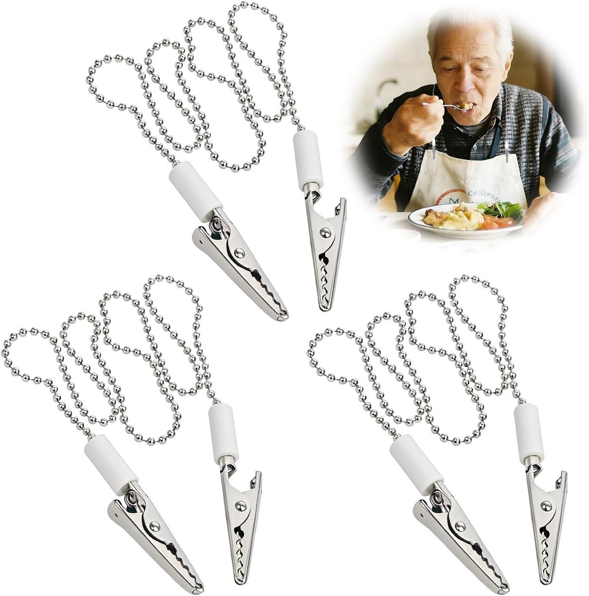 3 x Napkin Chain Silver, Robust Napkin Holder Stainless Steel with Clip, 48cm Bib Chain for Seniors and Adults - ShopVlot