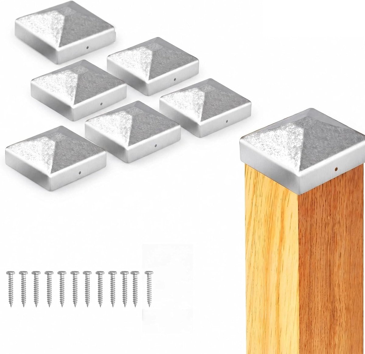 6 stuks paaldoppen 7 x 7 cm, hekpaaldoppen 7 x 7 cm, bodemhulzen voor houten palen, paalafdekking van metaal - ShopVlot