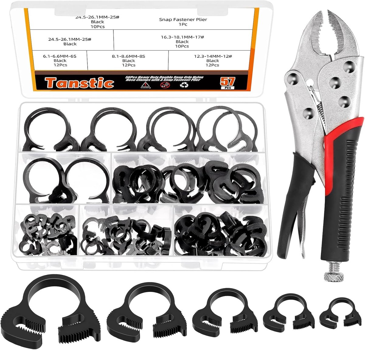 Tanstic 57Pcs 5 Sizes Snap Grip Nylon Plastic Hose Clamps Double Grabbing Nylon Hose Clamps - ShopVlot