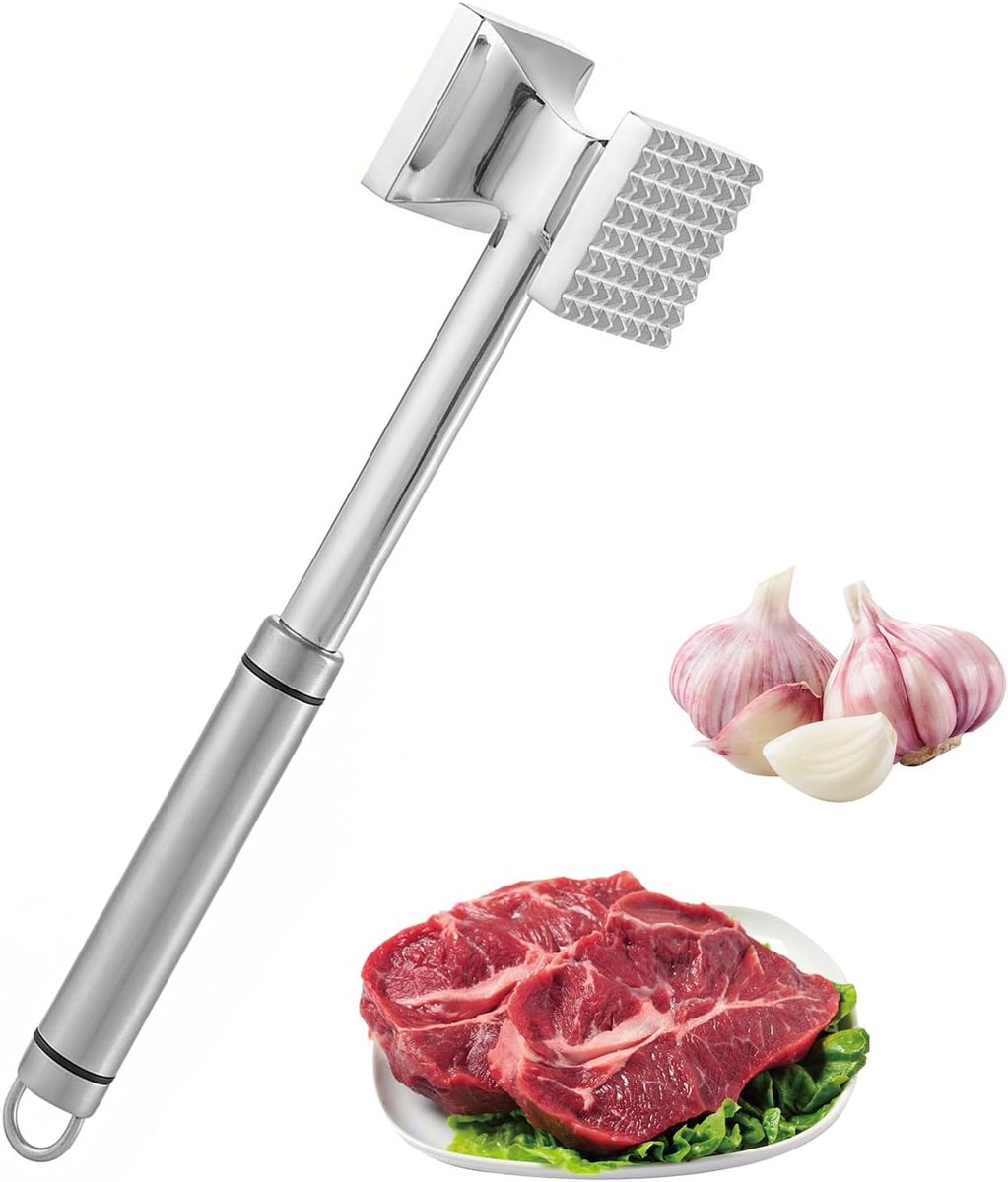 Meat Hammer, Double-Sided Stainless Steel Meat Hammer, 27 cm, Cutlet Beater for Kitchen with Flat and Serrated Strike - ShopVlot