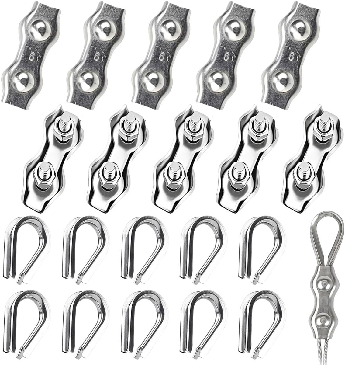 20 stuks M5 touwklem, staalkabelklem 5mm, touwklem RVS, voor markies bevestiging van staalkabel (10*oog, 10*dubbelclip) - ShopVlot