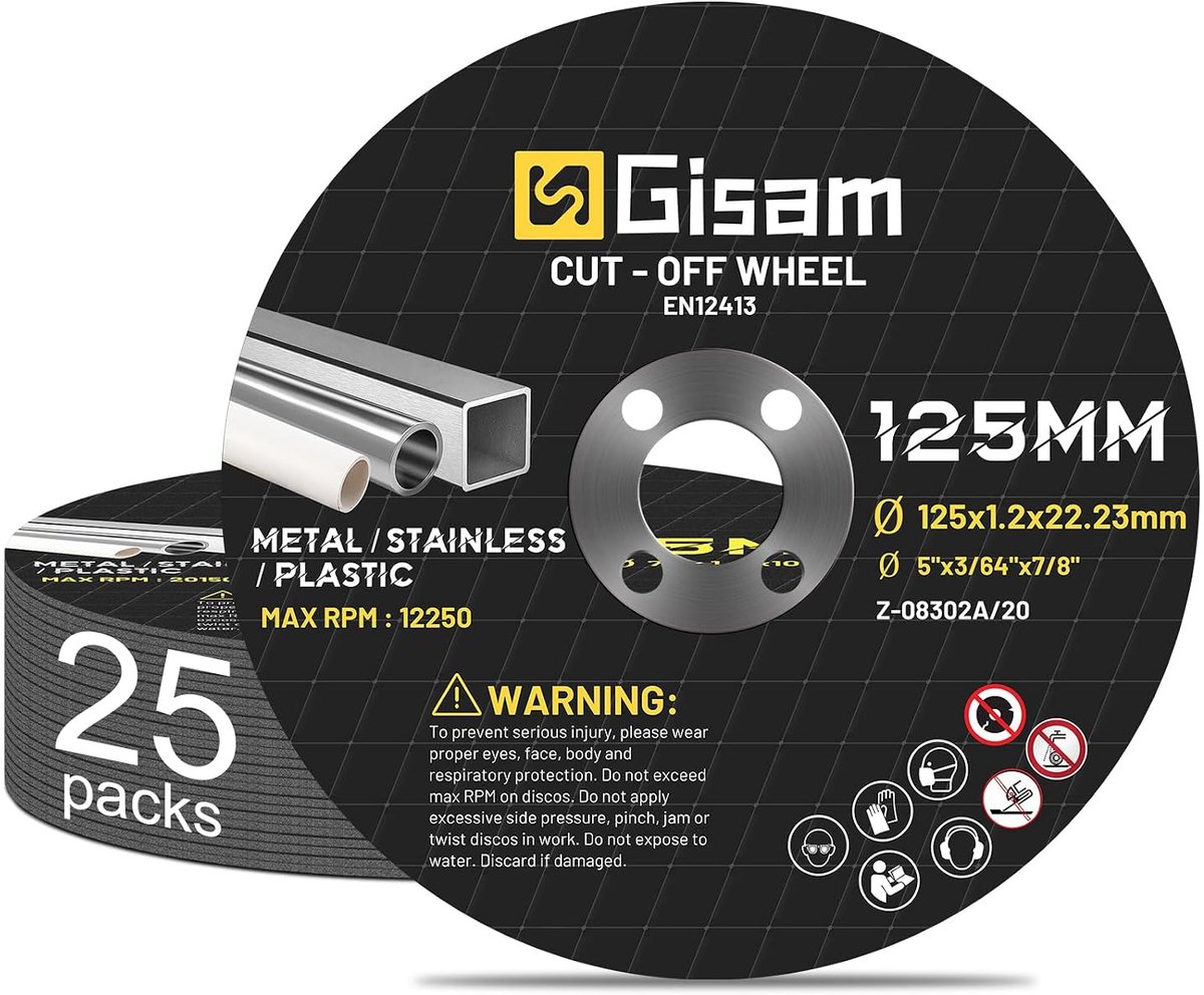 Gisam Professional Cutting Discs Pack of 125 125 x 1.2 x 22.22 mm Bore Diameter 7/8 Inch Accessory Set for Diameter - ShopVlot