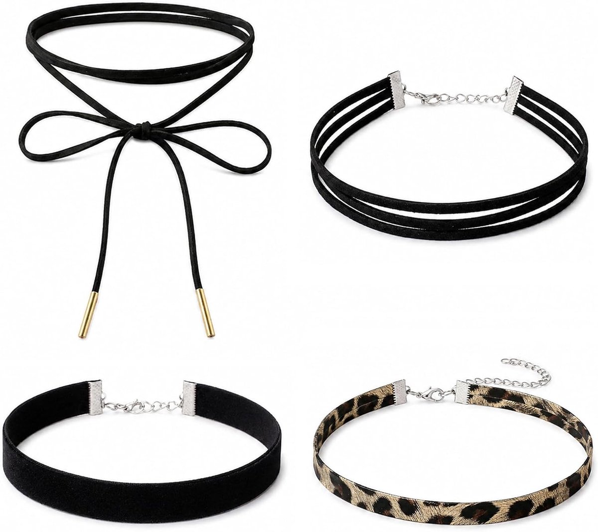 4 stuks chokerkettingen voor dames, 3 x zwarte fluwelen halsband + 1 x luipaardpatroon, verstelbare klassieke choker - ShopVlot