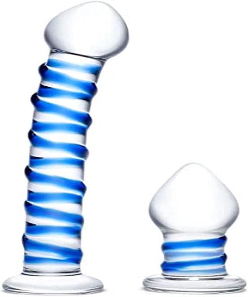 Glass Dildo Love Toy Double Penetration Glass Swirly Dildo & Butt Plug Set 2 pcs - ShopVlot