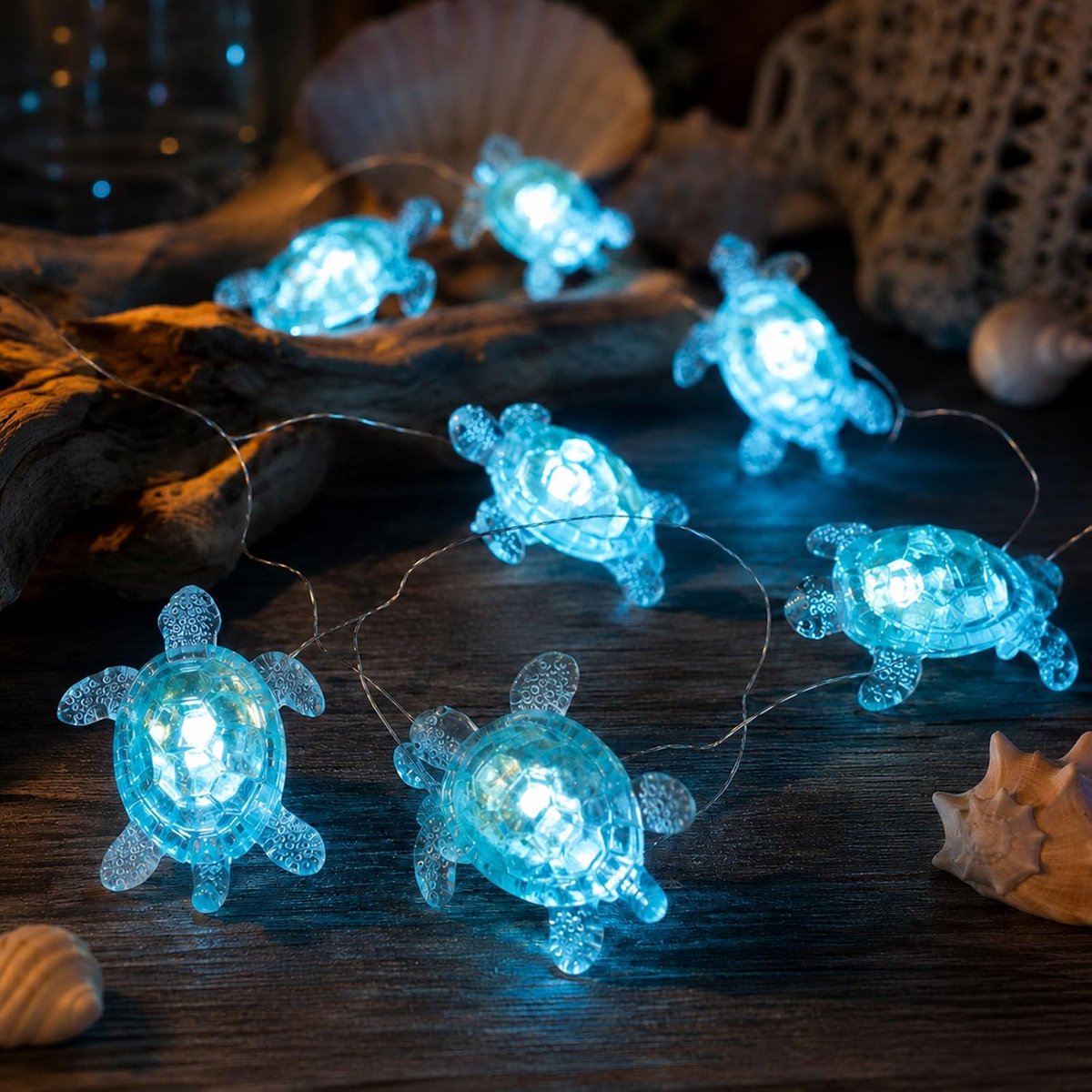 ALEGRE® Blauwe lichtketting zeeschildpad, 2 m, 20 leds, schildpadden, lichtketting, batterij, zeeschildpadden - ShopVlot