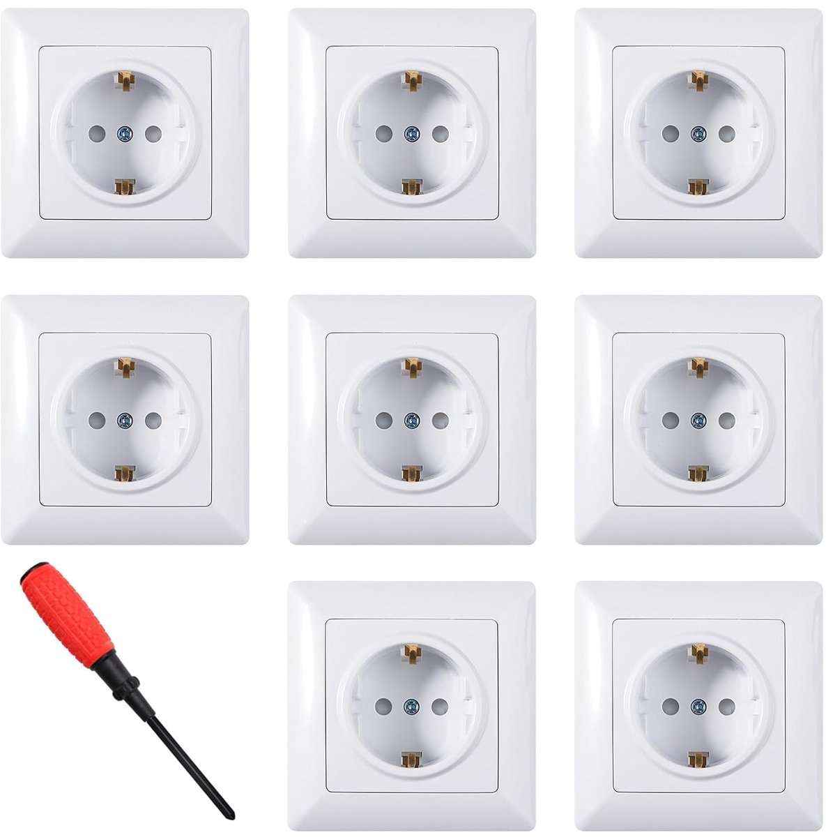 Schuko 8-Piece Wall Socket Socket Socket with Earth, 16 A, 250 V, Electric Socket Set, Standard, White with - ShopVlot