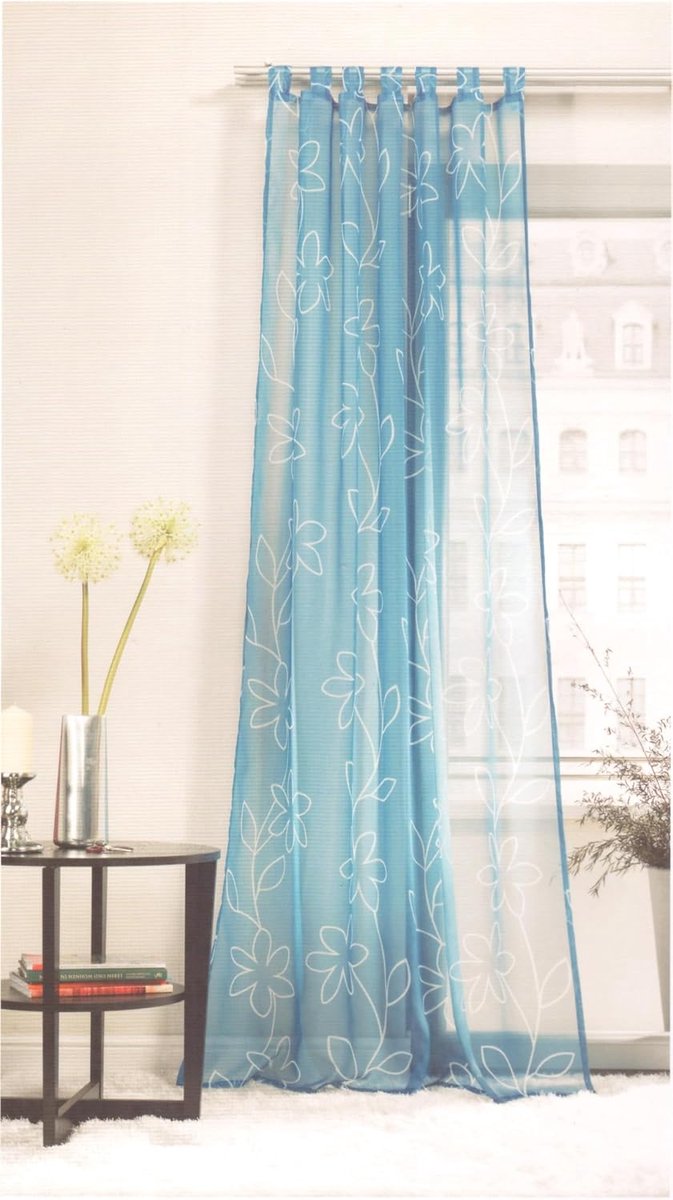Ready-to-Use Tab-Top Curtain with Tabs Transparent Flowers 140 x 245 cm 1 Piece Blue with Flowers - ShopVlot