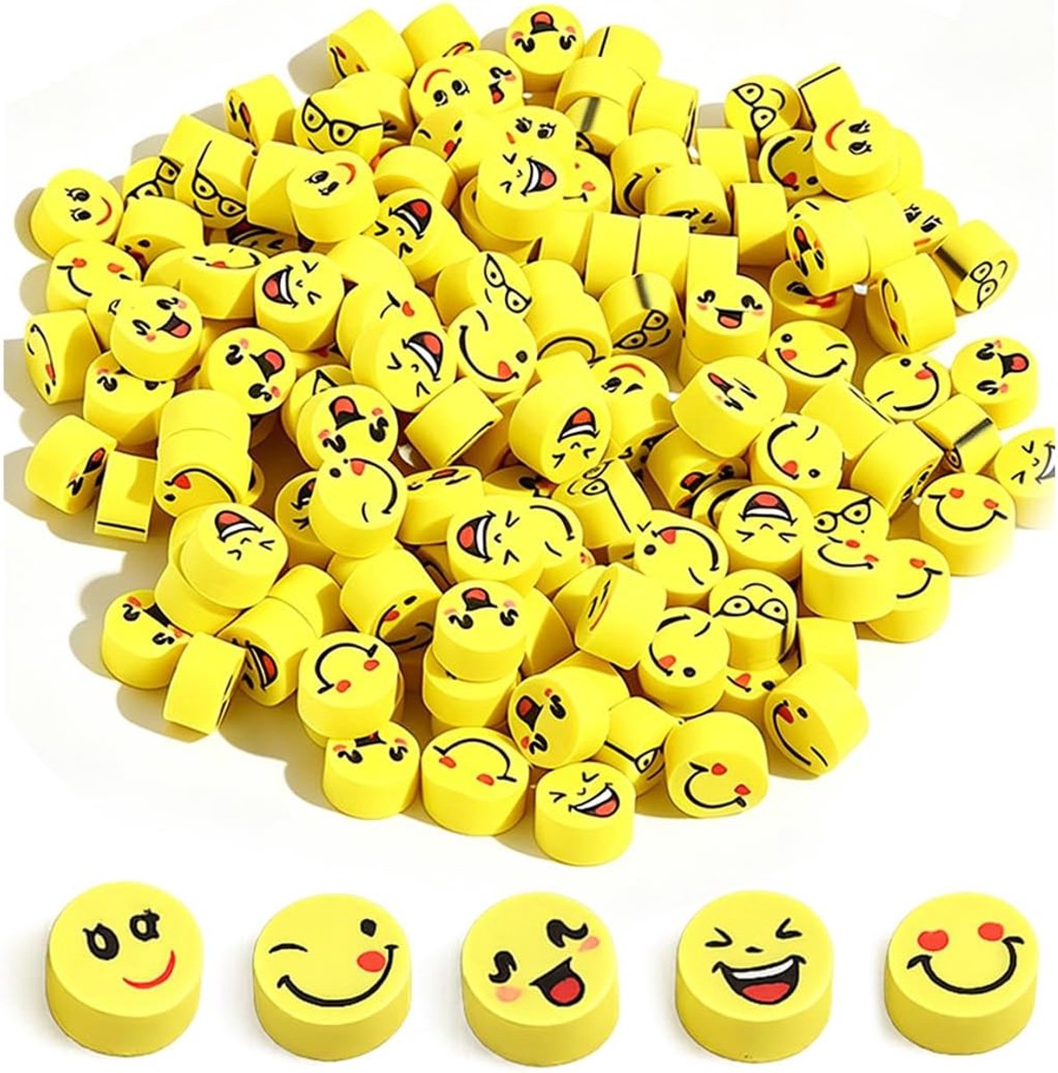 50 stuks lachgummen, ronde gummen, lachgezicht, geel, mini, voor carnaval, school, tombola, knutselen - ShopVlot