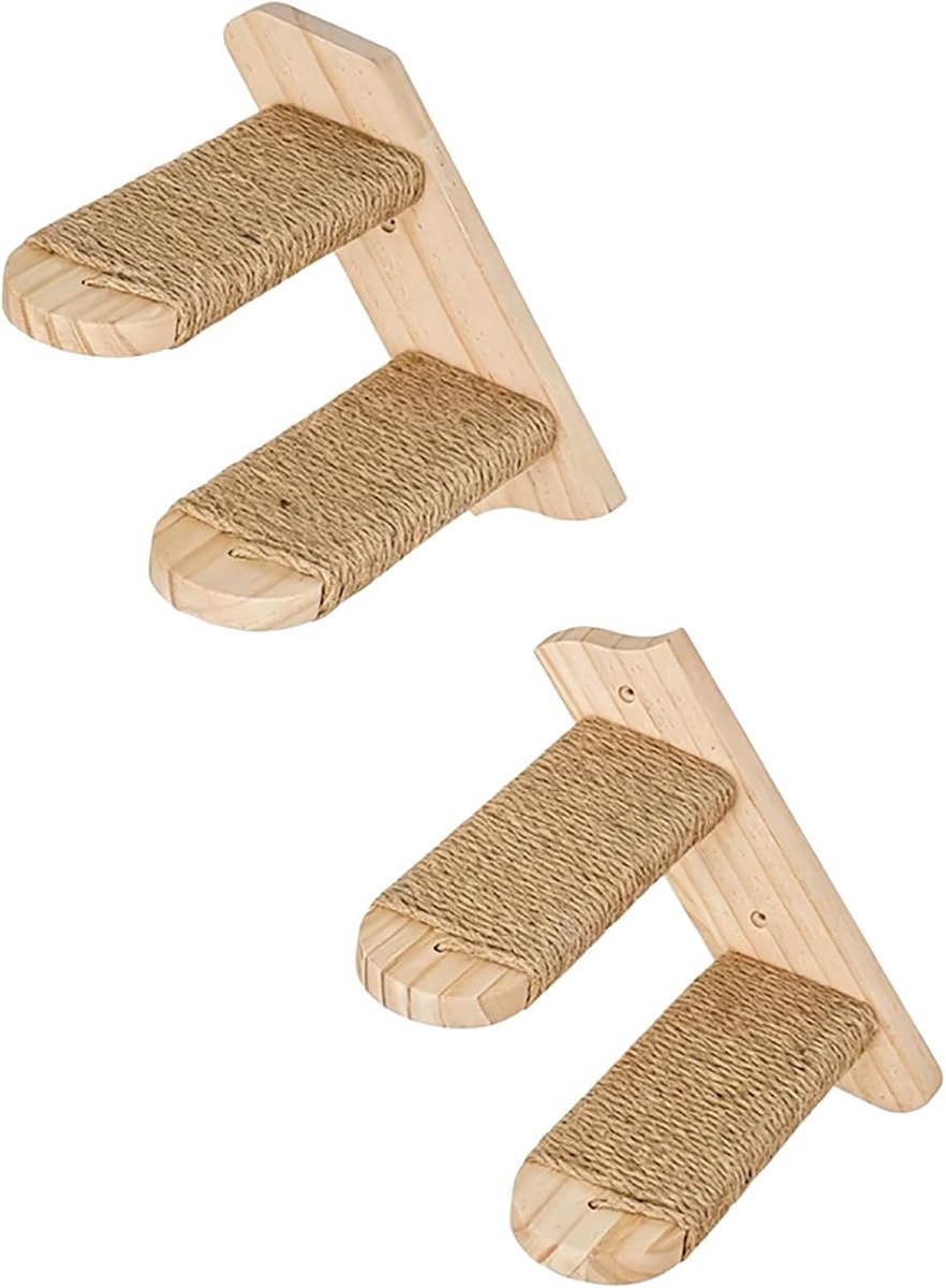 FUSHITON Wall Stairs for Cats 2 Steps Made of Solid Pine Wood with Jute Rope, 41 cm, Load Capacity 10 kg, Flexible - ShopVlot