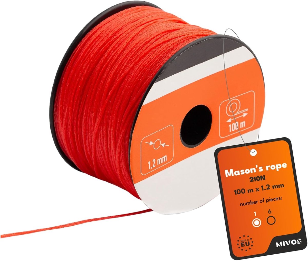 Metselkoord 100 m - Dikte 1,2 mm - Rood - Perfecte rechte lijnen - ShopVlot