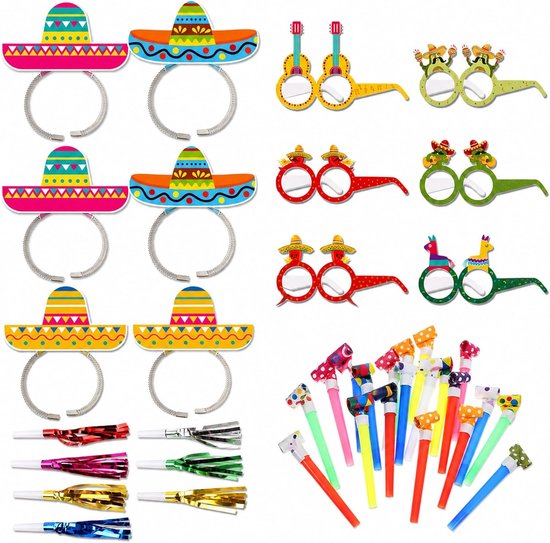Set van 6 Sombrero Feesthoeden - 6 Feestbrillen Masks - 12 Windinstrumenten - Perfect voor Fiesta en Carnaval - ShopVlot