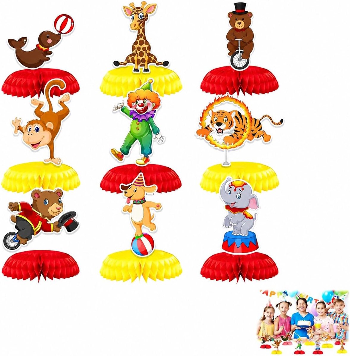 Centertafel decoratie nido de abeja - set van 9 circusdieren - kleurrijke feestaccessoires - perfect voor verjaardagen - ShopVlot