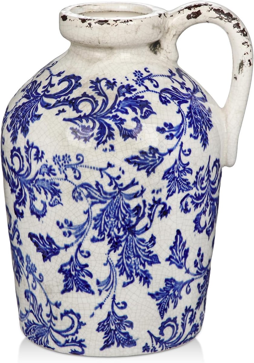 Vaas 23 cm - Aardewerk - Blauw-wit handgeschilderd - Perfect voor pampasgras - ShopVlot