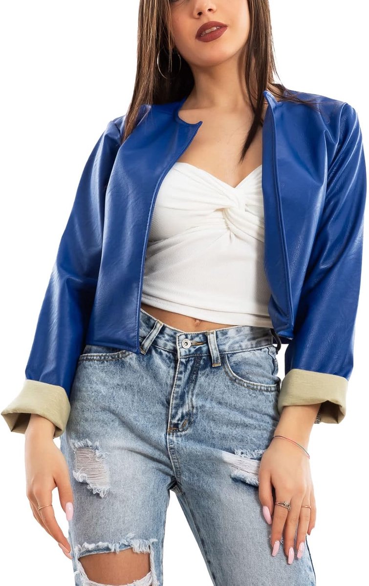 Damesjacket kort faux leer - blauwe elektro - zonder sluiting - sexy uitstraling - ShopVlot
